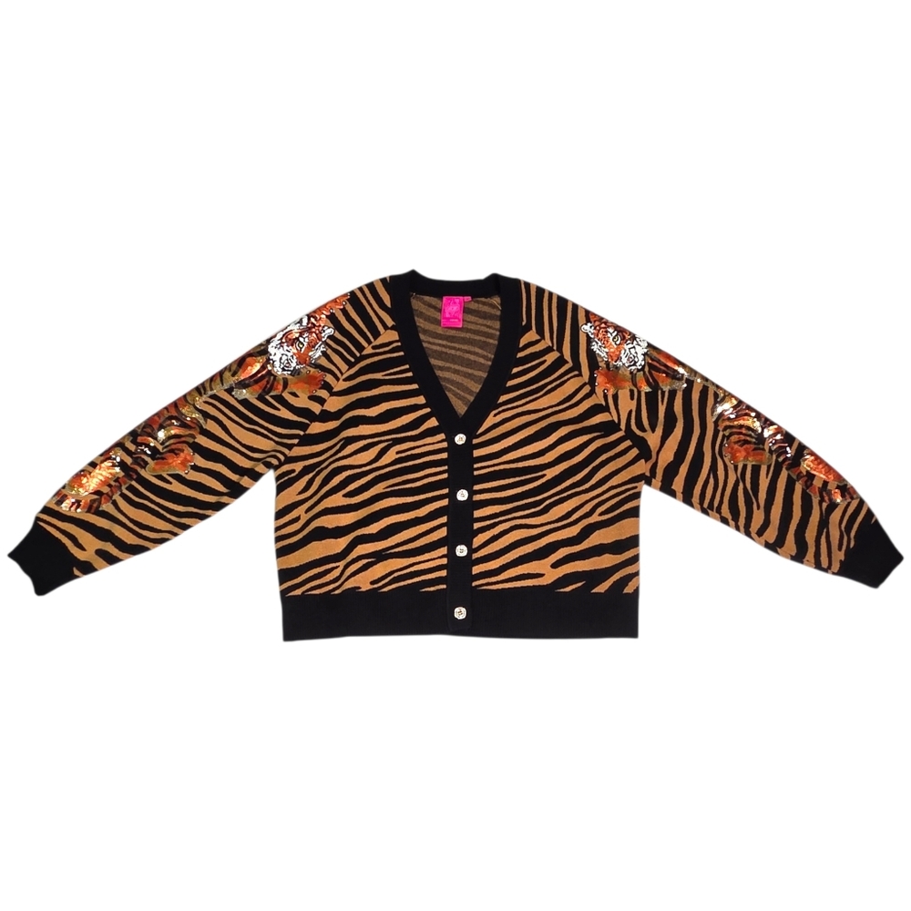 Queen of Sparkles Tiger Stripe Cardigan Sequin Tigers Black Camel Medium - Picture 4 of 14